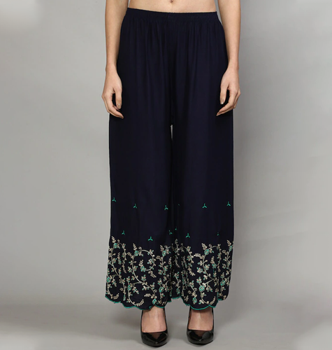 Women Navy Blue Floral Embroidered Palazzos